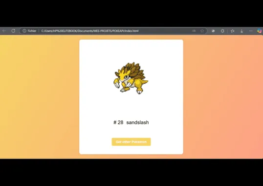 Interface de l'application web affichant les données de l'API Pokémon