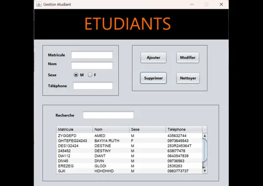 Interface de l'application Desktop de gestion étudiant en Java