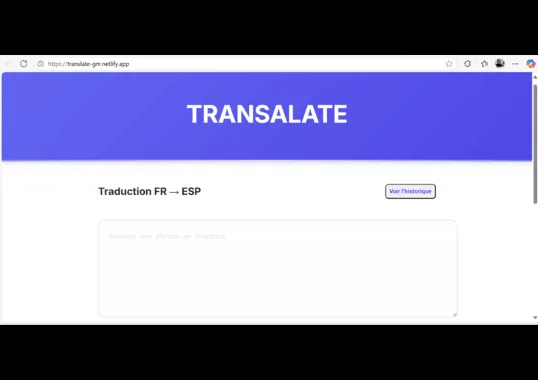 Interface de l'application de traduction web Translate FR-ESP