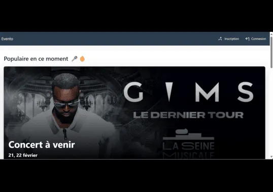Page d'accueil de la plateforme de gestion d'événements Evento